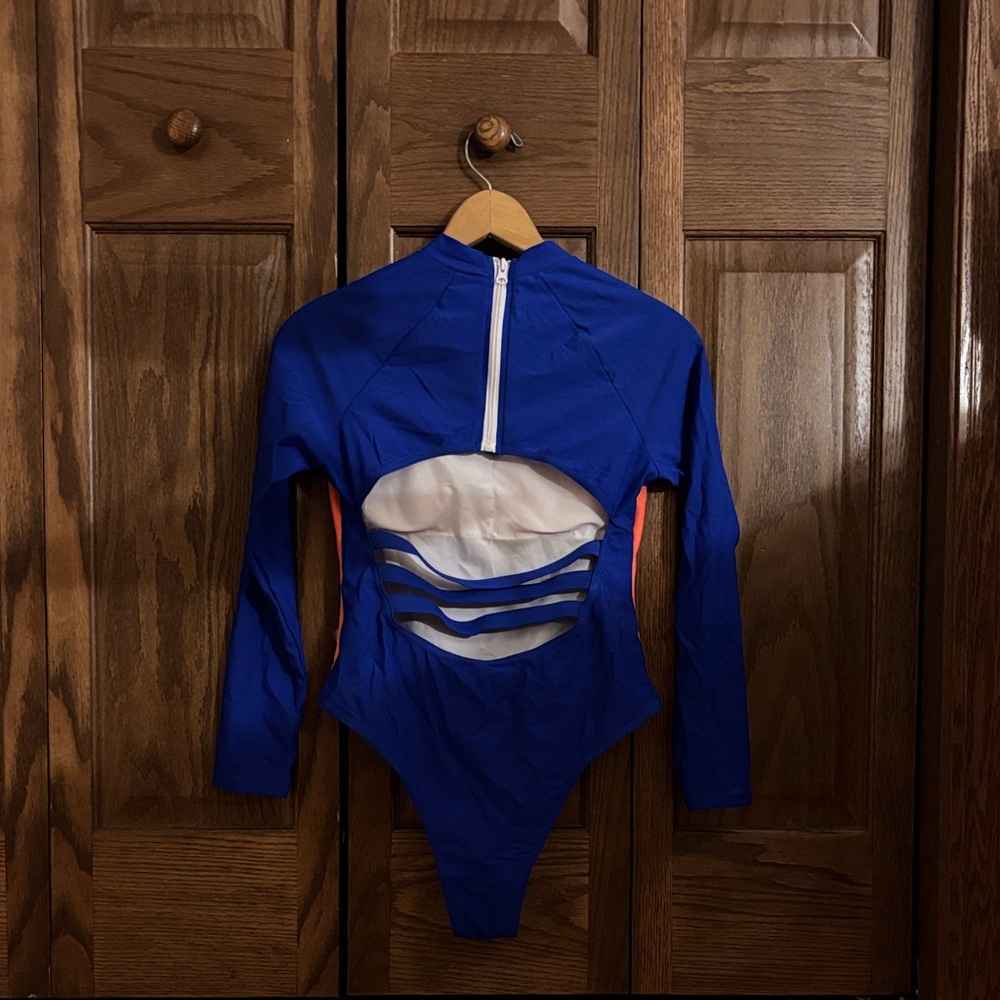 Blue and Orange Long Sleeve one piece zip up swim suit - Picture 2 of 3